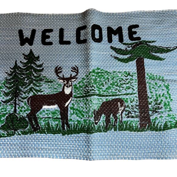 Rustic cabin Welcome braided throw rug Blue with deer trees  22" Wide X 35" long - Picture 3 of 4